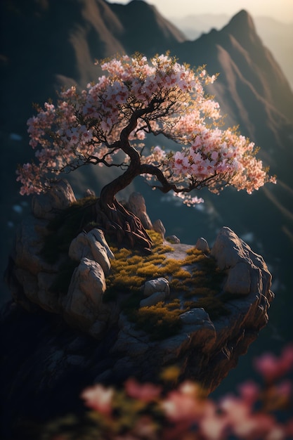 A tree on a cliff with a sunset behind it