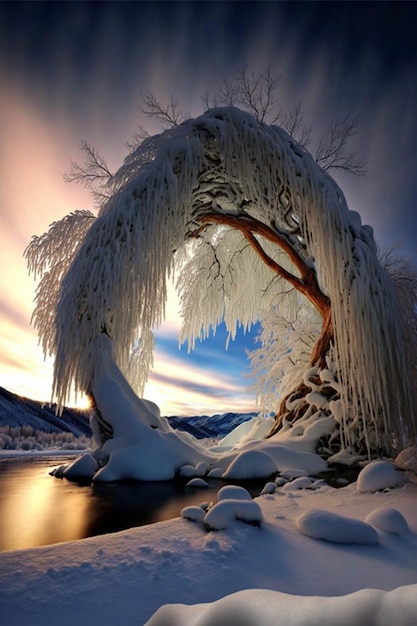 Дерево, покрытое снегом, рядом с водоемом, генерирующим искусственный интеллект