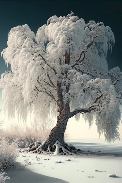 Tree covered in snow next to a body of water generative ai