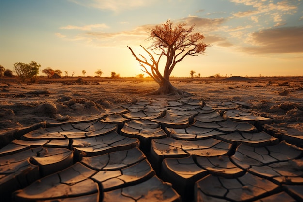 Tree on cracked ground signifies climate change impact drought and environmental crisis