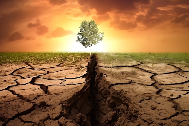 A tree in a cracked ground with the sun setting behind it.