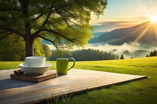 A tree on a deck with a cup of coffee on it