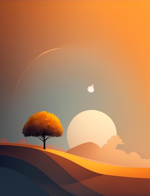 a tree in a desert with a moon in the background