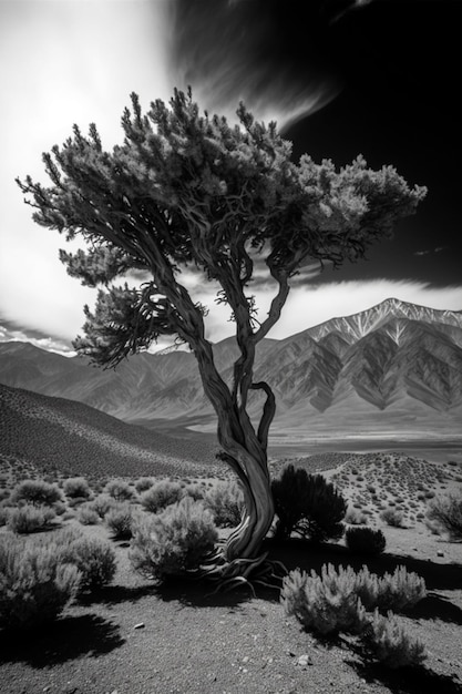 Дерево в пустыне на фоне гор