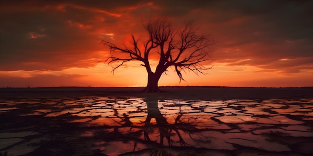 Foto un albero in un deserto con un cielo rosso