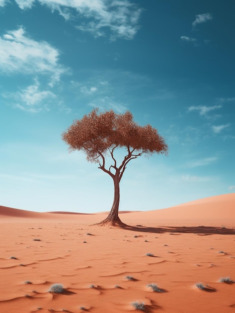 a tree in the desert with the sky in the background