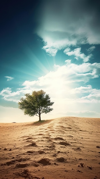 A tree in the desert with the sun shining on it