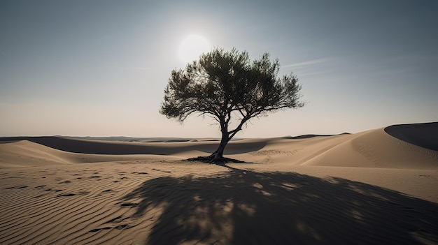 A tree in the desert with the sun shining on it