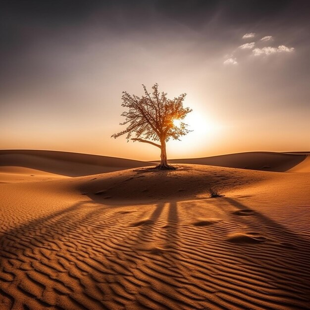 a tree in the desert with the sun shining through the clouds.