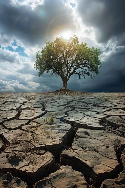 Foto un albero in un deserto con un albero sullo sfondo