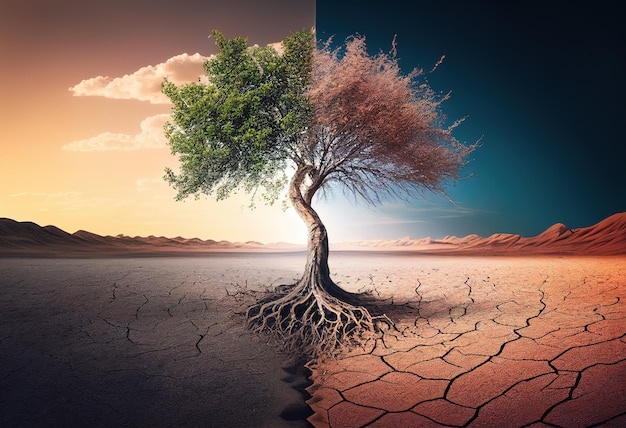 Tree on drought crack land climate change from greenxAillustration Ai generative