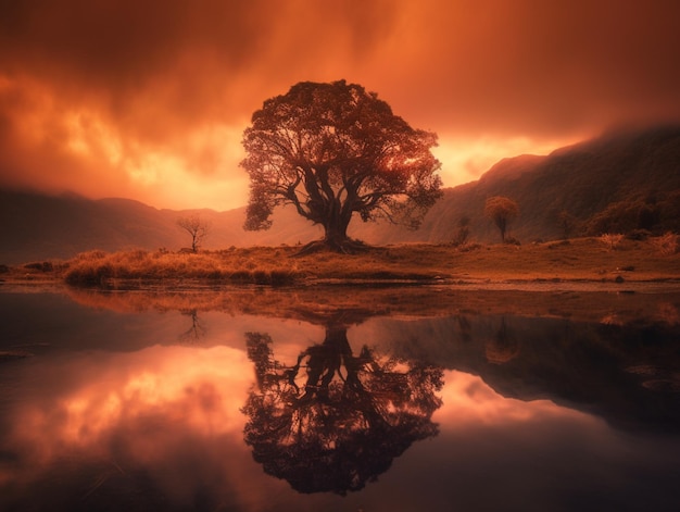 A tree on the edge of a lake with a red sky and the reflection of the trees.