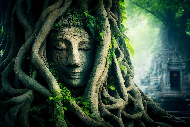 덩굴이 얽힌 나무와 고대 마야 문화의 신의 얼굴