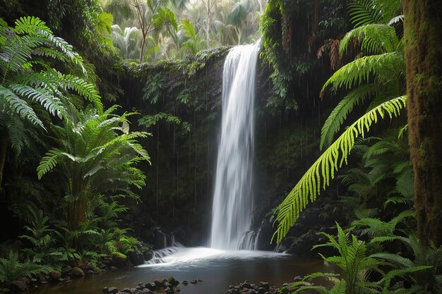 Tree fern and waterfall in tropical rain forest paradise at millaa millaa falls tablelands queensland australia lush green pristine rainforest