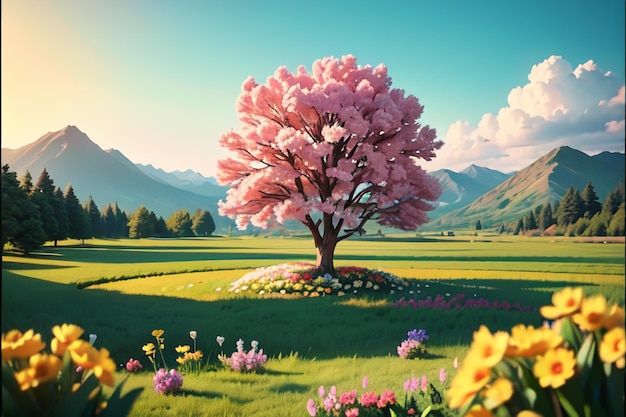 A tree in a field of flowers with a mountain in the background