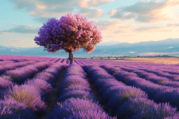 A tree in a field of lavender