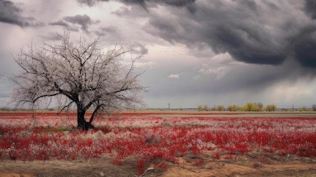 Foto un albero in un campo di papaveri rossi