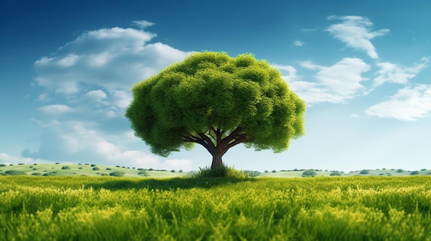 A tree in a field with a blue sky and clouds