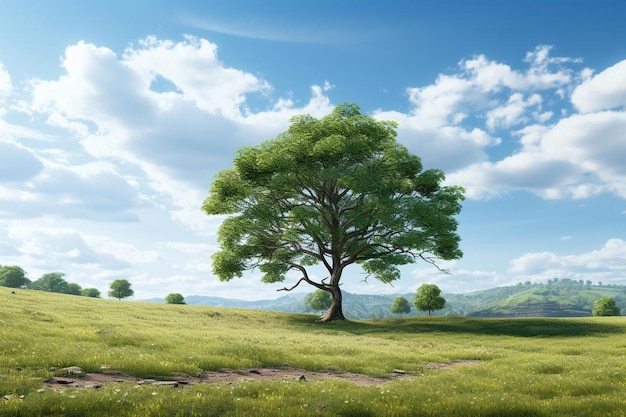 a tree in a field with a blue sky and clouds.