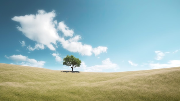 A tree in a field with a blue sky and clouds