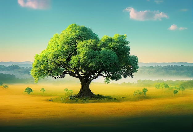 A tree in a field with a blue sky and clouds