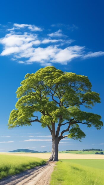 Tree in a field with blue sky