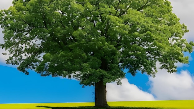 A tree in a field with a cloudy sky