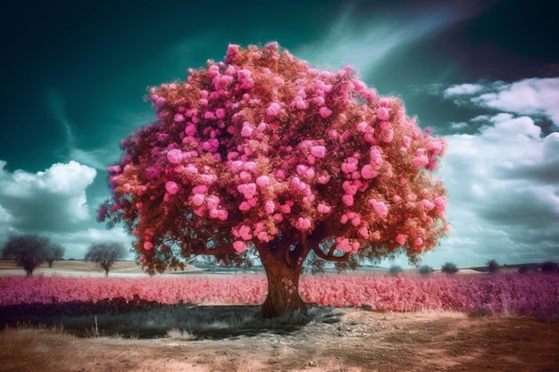 A tree in a field with a cloudy sky