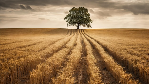 A tree in a field with a cloudy sky