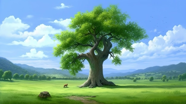 A tree in a field with a cow on it