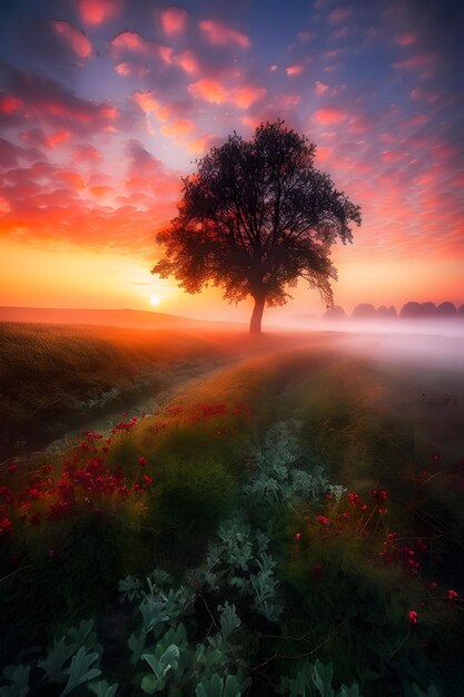 A tree in a field with a foggy sky and the sun is shining.