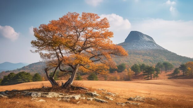 Foto un albero in un campo con una montagna sullo sfondo