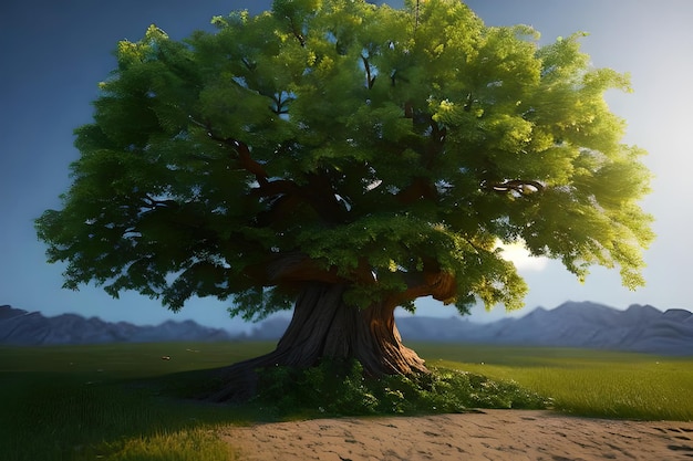 A tree in a field with mountains in the background