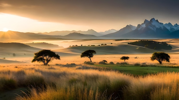 A tree in a field with mountains in the background