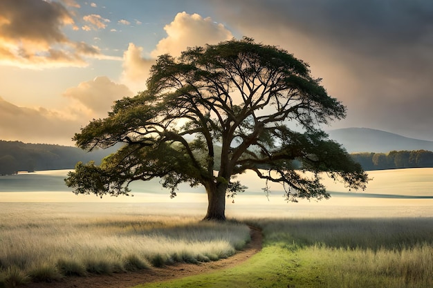 A tree on a field with mountains in the background