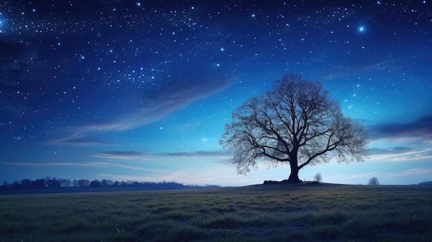 a tree in a field with the night sky behind it