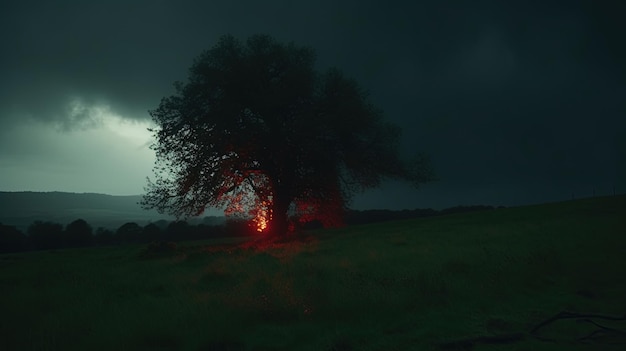 A tree in a field with a red light shining through it