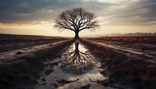 Photo a tree in a field with a reflection of a sky and clouds