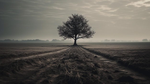 A tree in a field with a road in the background