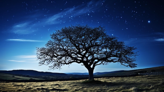 A tree in a field with a star filled sky