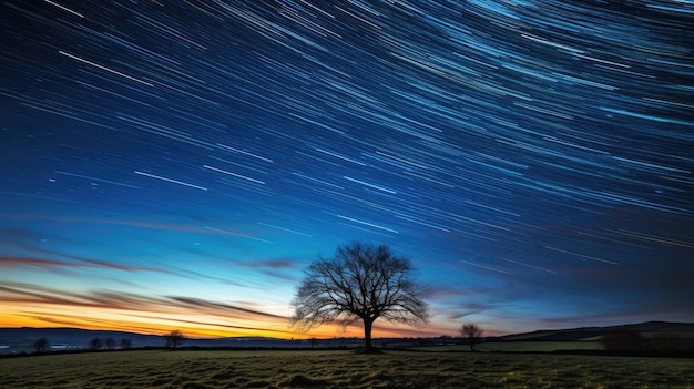 a tree in a field with a star trails in the sky