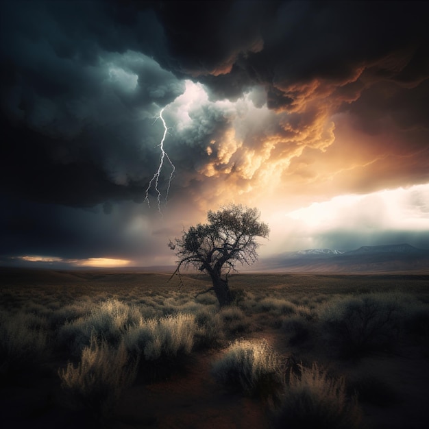 A tree in a field with a storm coming in