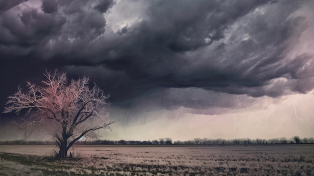 A tree in a field with a stormy sky