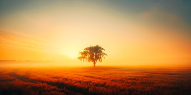 A tree in a field with the sun setting behind it