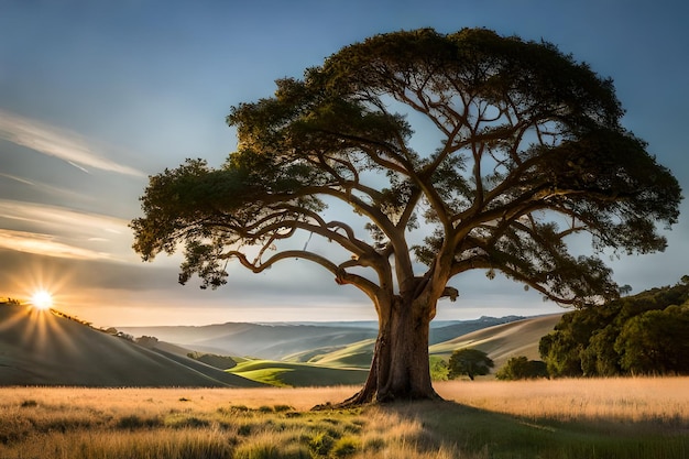 A tree in a field with the sun setting behind it