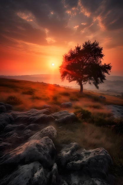 A tree in a field with the sun setting behind it