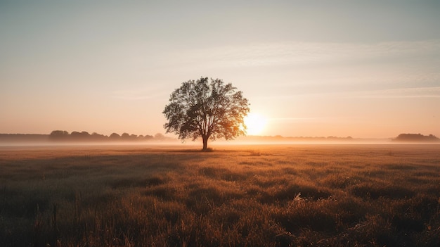 A tree in a field with the sun setting behind it