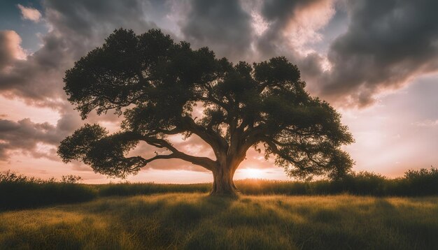 Photo a tree in a field with the sun setting behind it