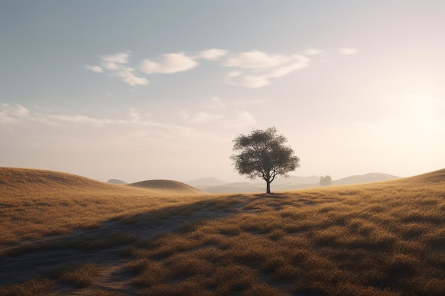 A tree in a field with the sun setting