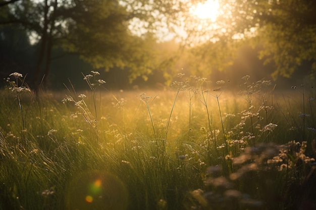 A tree in a field with the sun shining on it